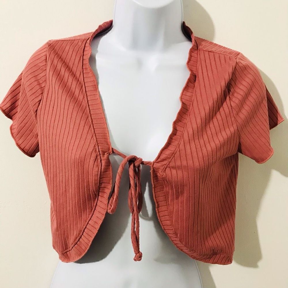 21 Saints Wine Ribbed Ruffled Tie Top Size M…S8